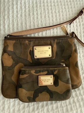 Michael Kors Camouflage Leather Wristlet Duo in Brown and Tan